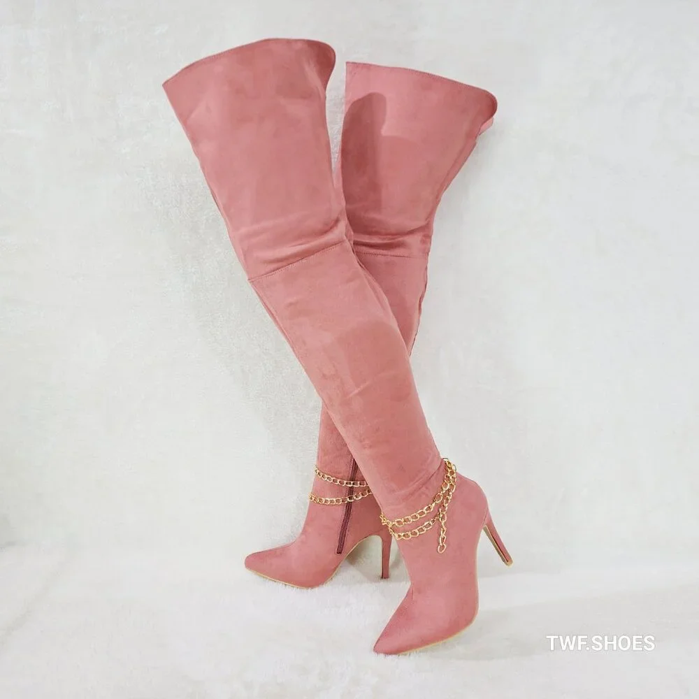 Mata Shoes Dusty Pink Suede Over-the-Knee Stiletto Boots w/Gold Chain Brand new.